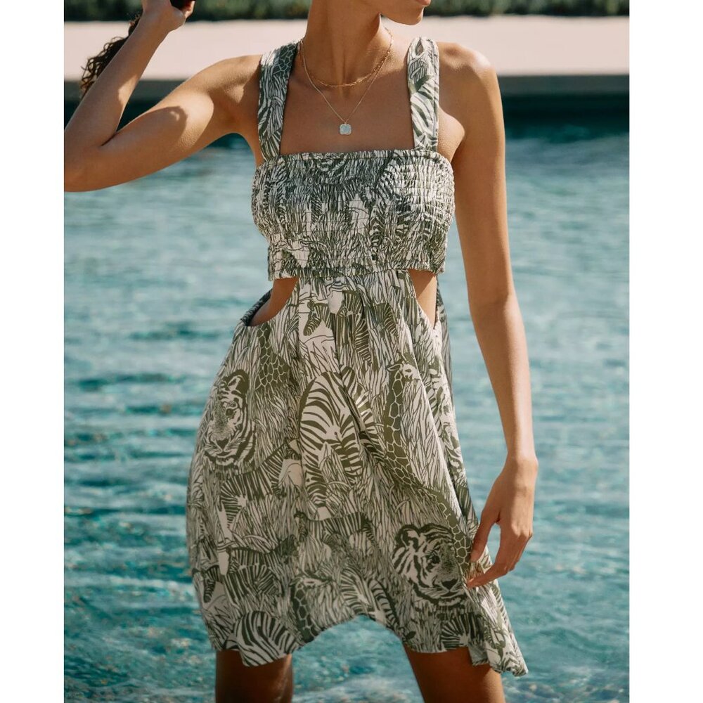 By Anthropologie Piper Square-Neck Smocked Cut-Out Mini Dress Moss Green Bandeau
